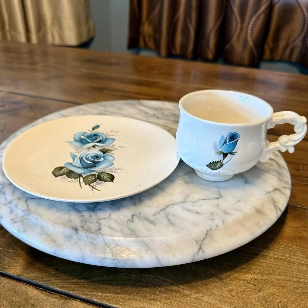 12pc VTG English Bridgerton Porcelain Tea Cup‎ & Scone Plate Set Blue Roses Rose